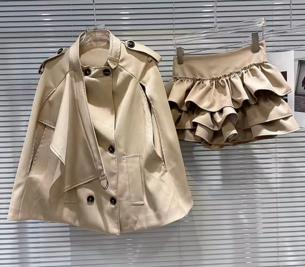 Women Khaki Fashion Trench Jacket Two Piece Ruffled Skirt Set