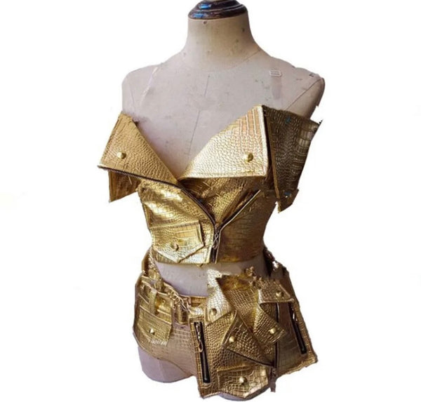 Women Sexy Fashion Gold Faux Leather Two Piece Short Set