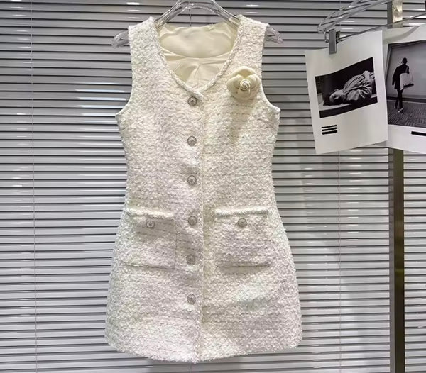 Women Button Up Sleeveless Floral Tweed Dress
