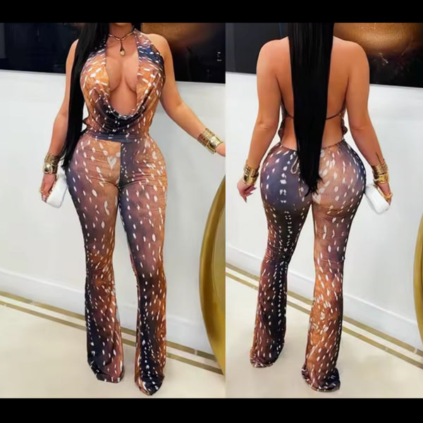 Women Sexy Printed Open Back Sleeveless Jumpsuit
