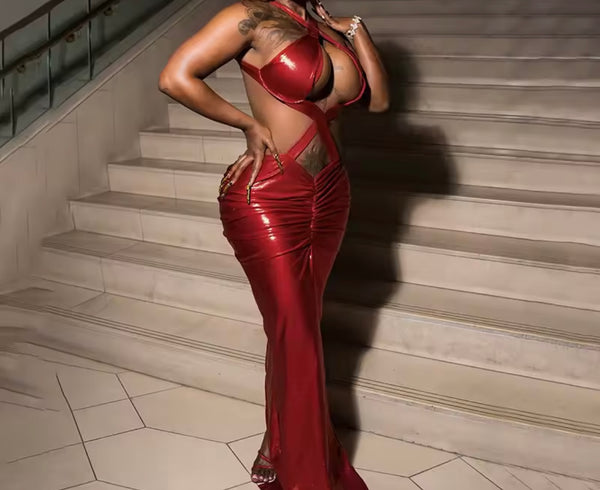 Women Sexy Halter Criss Cross Cut Out PU Ruche Maxi Dress