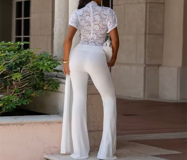 Women Lace Patchwork Short Sleeve Jumpsuit