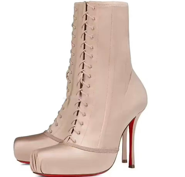 Women Fashion Satin Square Toe Lace Up Ballerina Ankle Boots
