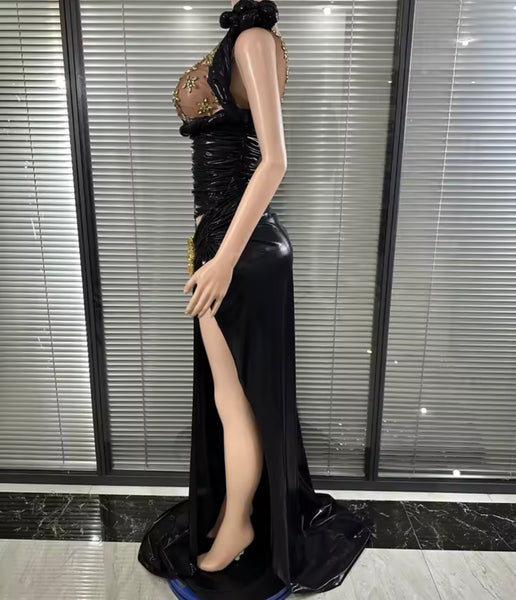 Women Sexy Sleeveless Crystal Ruched Side Split PU Maxi Dress