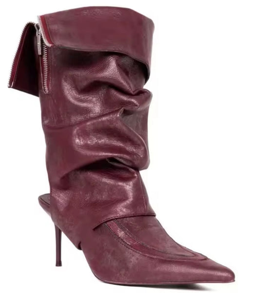 Women Fashion Pointed Toe Zipper Ruche Ankle Boots