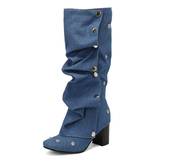 Women Fashion Suede/Denim Button Knee High Boots