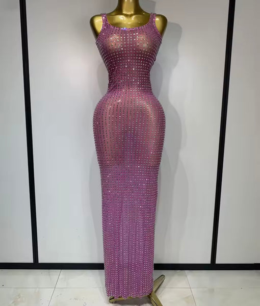 Women Sexy Sleeveless Pink Bling Rhinestone Mesh Maxi Dress