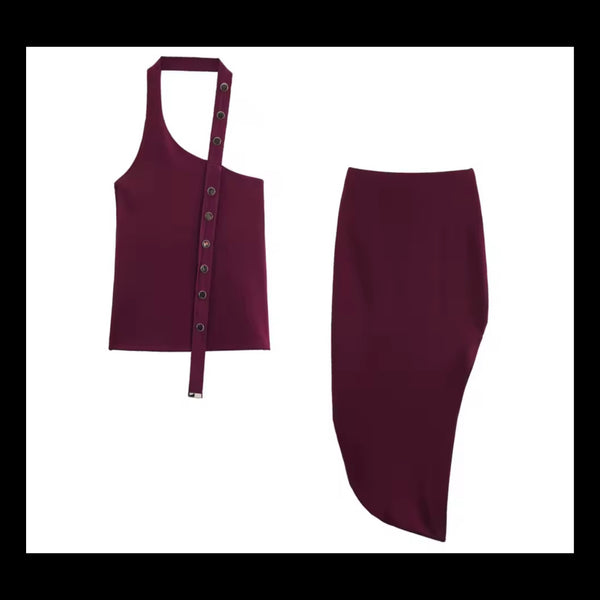 Women Sexy Halter Sleeveless Burgundy Two Piece Skirt Set