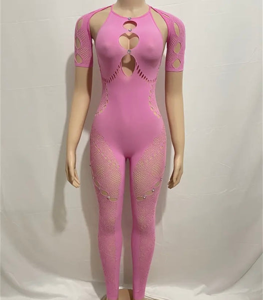 Women Sexy Short Sleeve Lace Bling Patchwork Jumpsuit