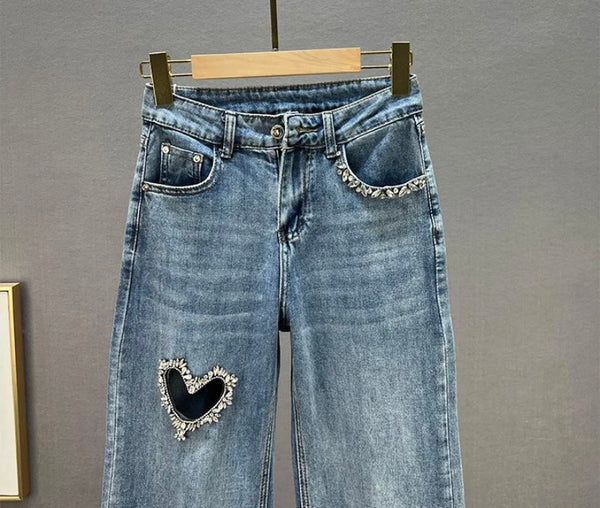 Women Fashion Blue Rhinestone Heart Denim Pants