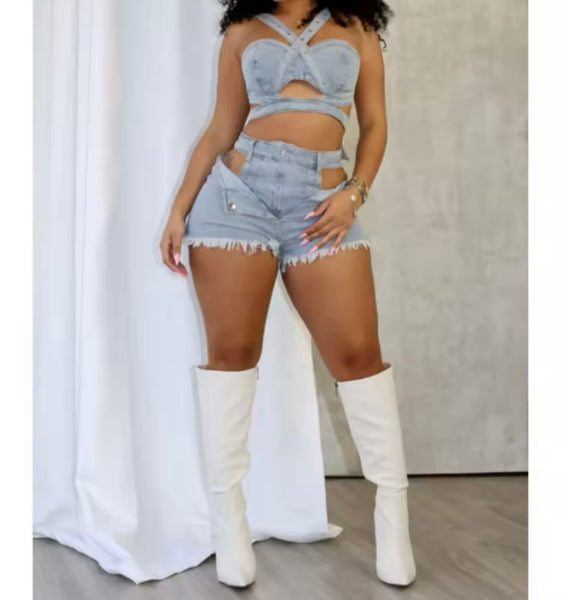 Women Sleeveless Cut Out Ripped Denim Two Piece Short Set