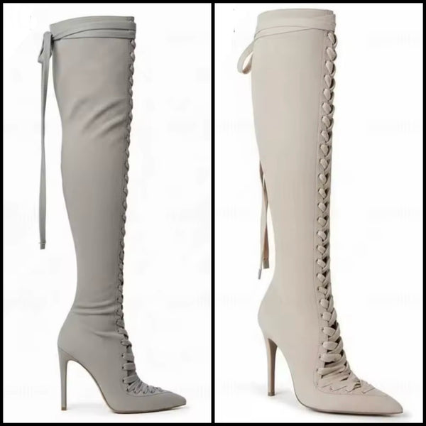 Women Fashion Pointed Toe Lace Up Suede Knee High Boots