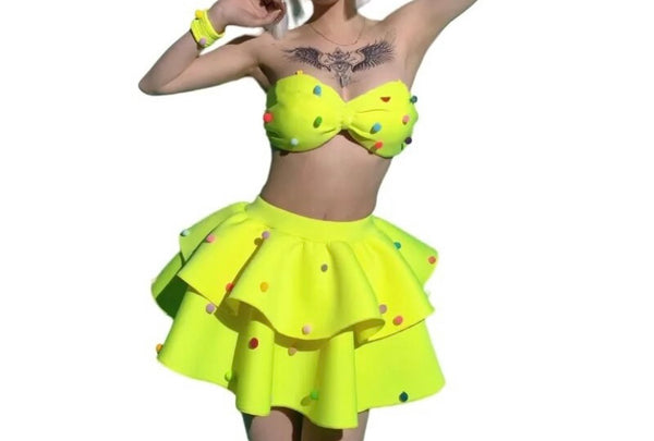 Women Sexy Strapless Neon Colorful Dots Ruffled Four Piece Skirt Set