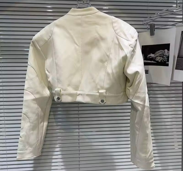 Women Fashion Zip Up Button Faux Leather Jacket