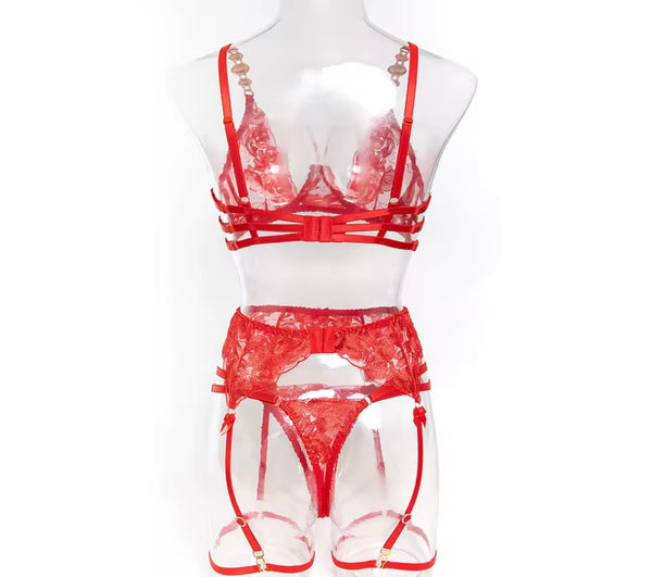 Women Sexy Metal Crystal Lace Lingerie Set