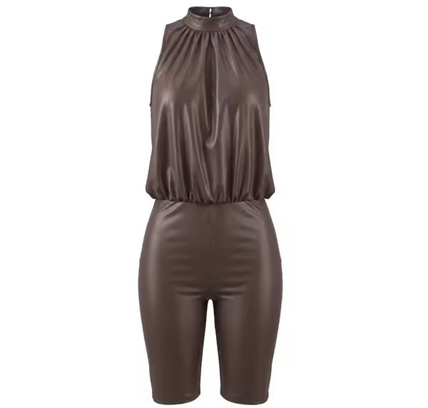 Women Fashion PU Sleeveless Romper