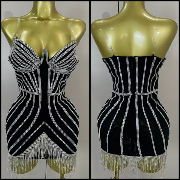 Women Sexy Sleeveless Black Rhinestone Tassel Dress