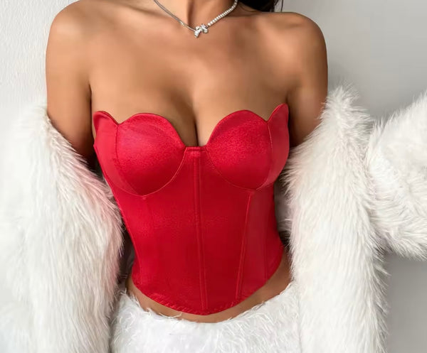 Women Sexy Red Heart Strapless Satin Corset Top