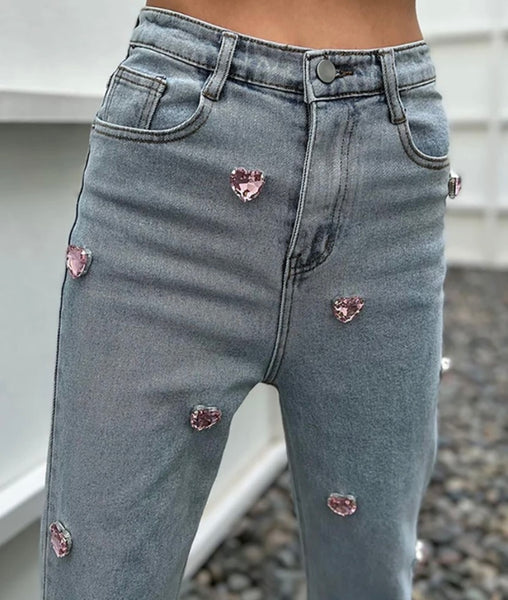 Women Fashion Pink Crystal Heart Patchwork Denim Pants