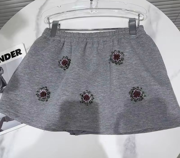 Women Fashion Beaded Flower Zip Up Full Sleeve Two Piece Skirt Set