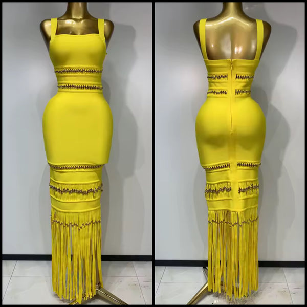 Women Yellow Sleeveless Fringe Tassel Beaded Maxi Dress