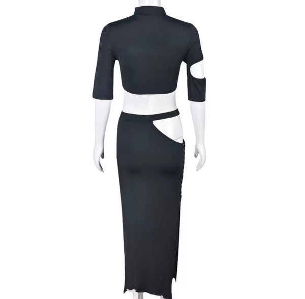 Women Black Sexy Short Sleeve Cut Out Lace Up Two Piece Skirt Set