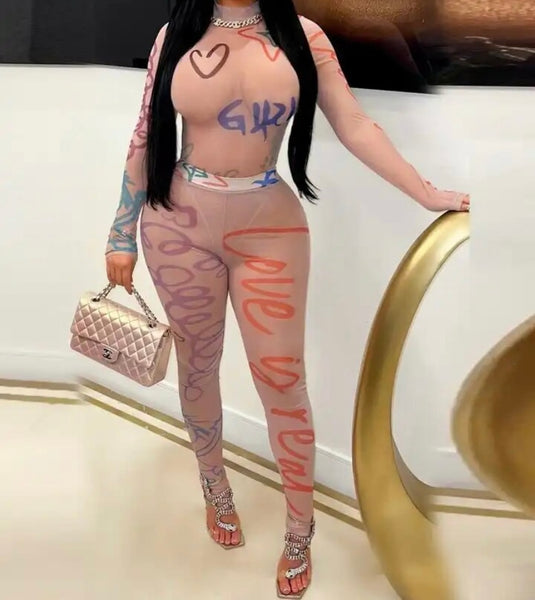 Women Sexy Printed Mesh Full Sleeve Bodysuit Two Piece Pant Set