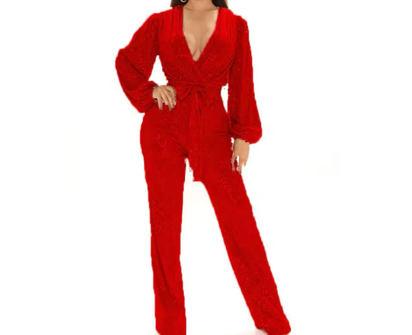 Women Sexy Sequins V-Neck Full Sleeve Tie Up Jumpsuit