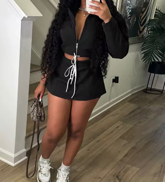 Women Zip Up Drawstring Full Sleeve Two Piece Skirt Set