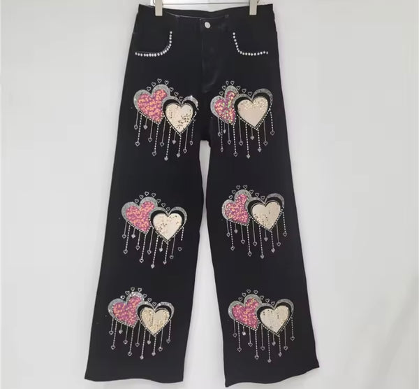 Women Sleeveless Rhinestone Sequins Heart Denim Two Piece Pant Set
