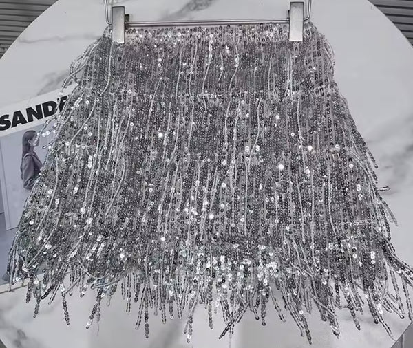 Women Silver Sexy Fringe Tassel Strapless Two Piece Skirt Set