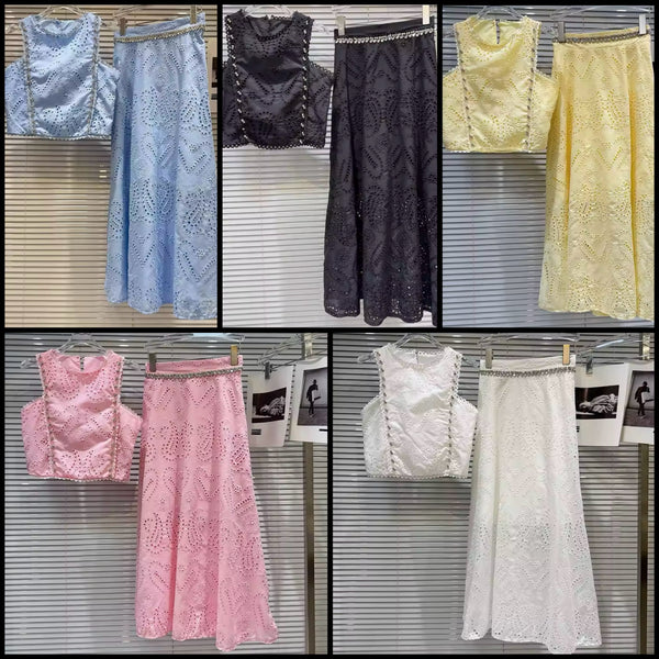 Women Rhinestone Sleeveless Lace Two Piece Maxi Skirt Set