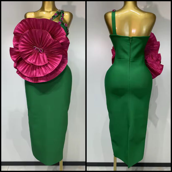 Women Green One Shoulder Crystal Sleeveless Pink Floral Dress