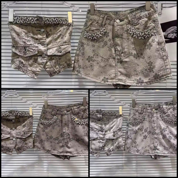 Women Rhinestone Strapless Floral Denim Two Piece Wrap Short Set