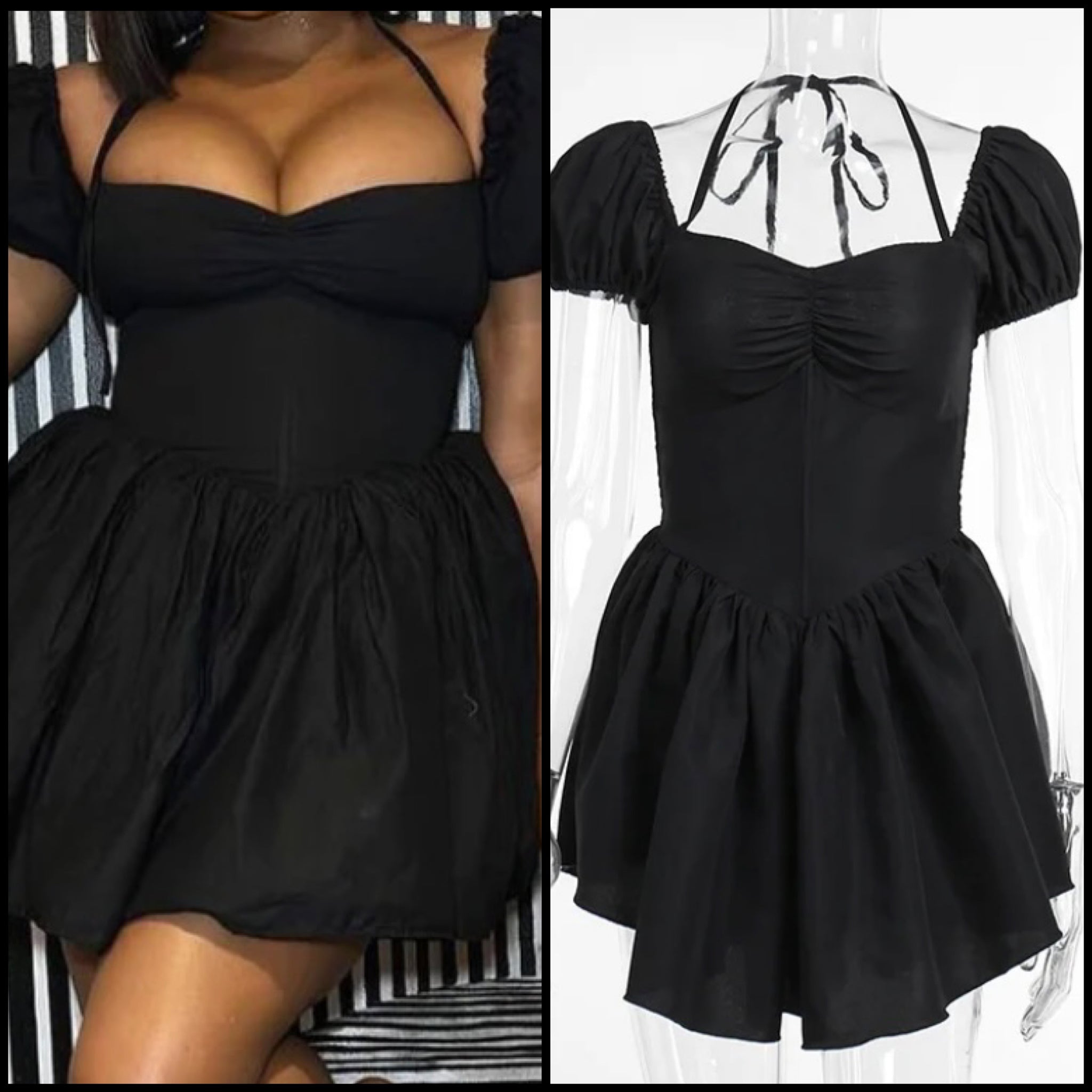 Women Sexy Black Short Sleeve Ruffled Dress