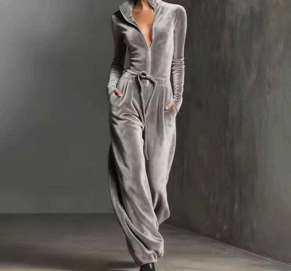 Women Gray Velour Zip Up Full Sleeve Jumpsuit