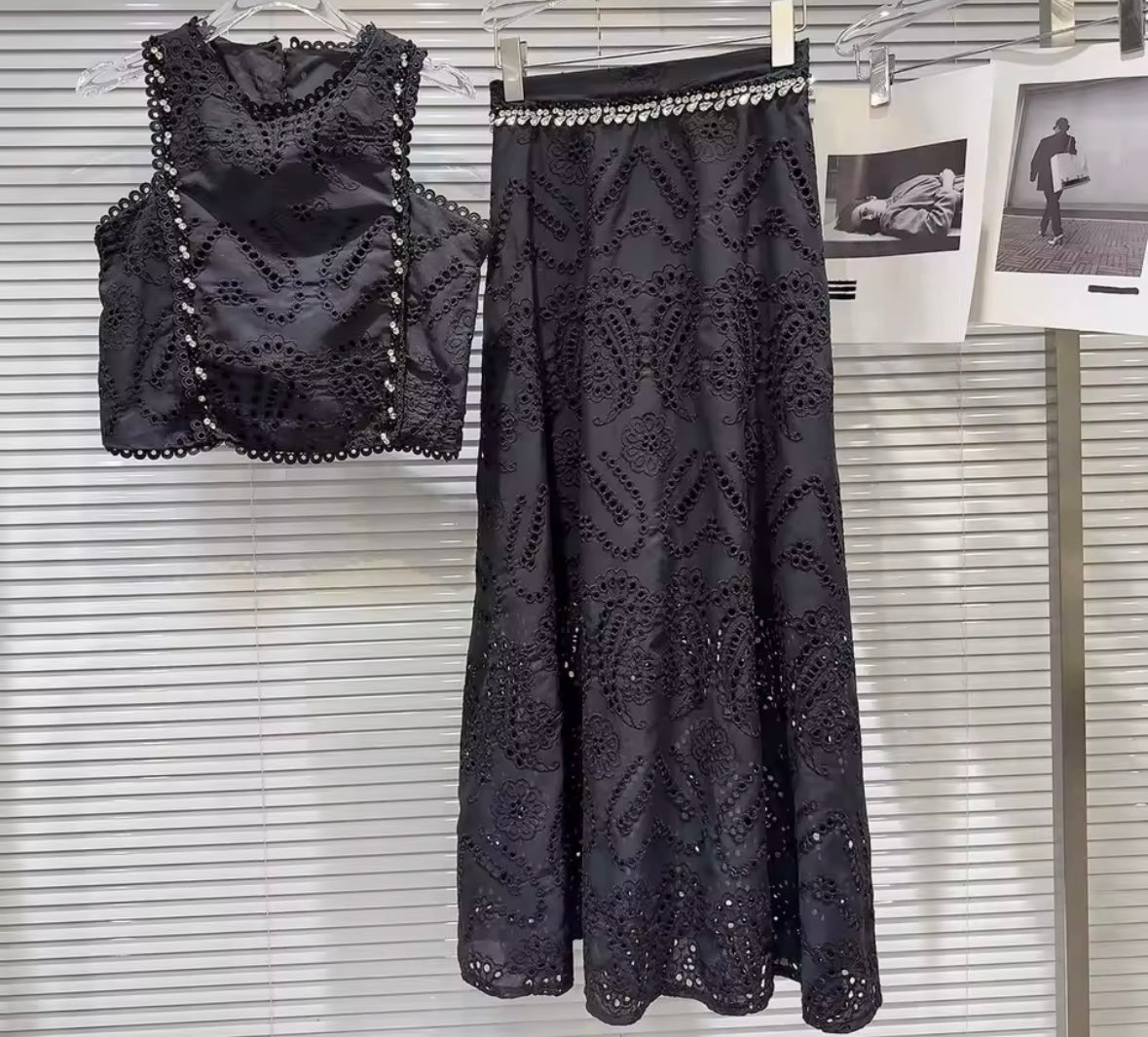 Women Rhinestone Sleeveless Lace Two Piece Maxi Skirt Set