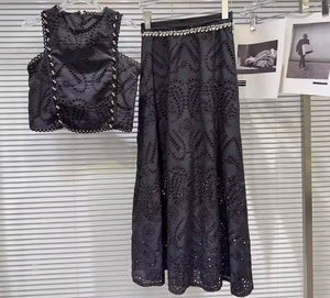 Women Rhinestone Sleeveless Lace Two Piece Maxi Skirt Set