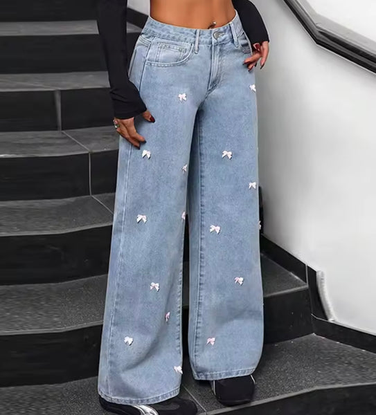 Women Fashion Color Bow Patchwork Denim Pants