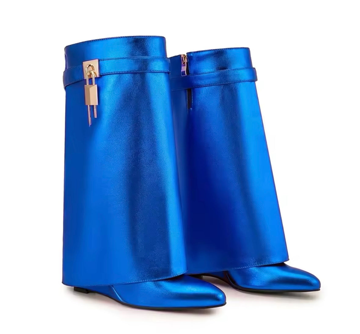 Women Fashion Color Metallic Buckled Lock Wedge Boots