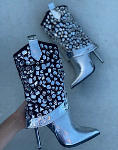 Women Pointed Toe High Heel Crystal Patchwork Western Boots