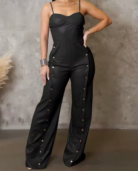 Women Sleeveless Rivet Faux Leather Fashion Jumpsuit
