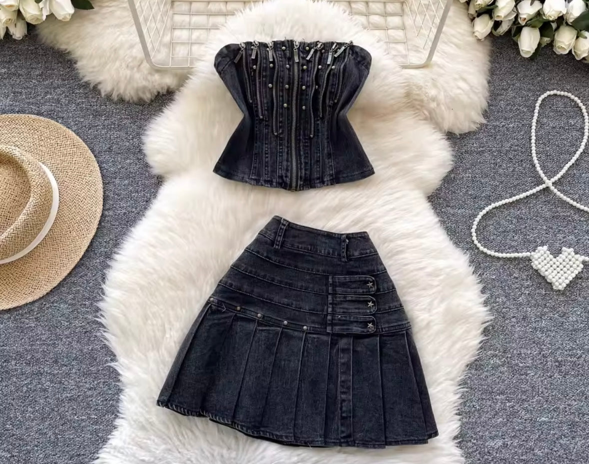 Women Zipper Strapless Denim Two Piece Pleated Skirt Set