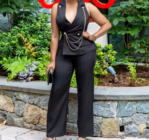 Women Sleeveless Chain Solid Color Fashion Jumpsuit