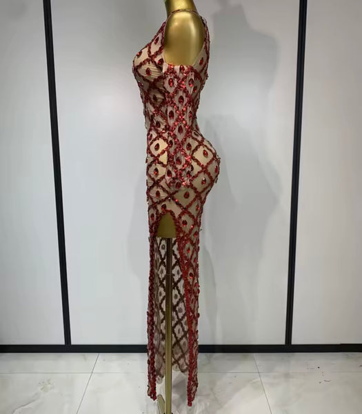 Women Sexy One Shoulder Full Sleeve Crystal Mesh Maxi Dress