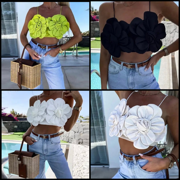 Women Sleeveless Solid Color Floral Crop Top