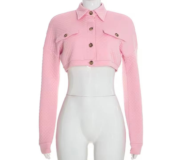 Women Fashion Pink Button Up Quilted Crop Jacket
