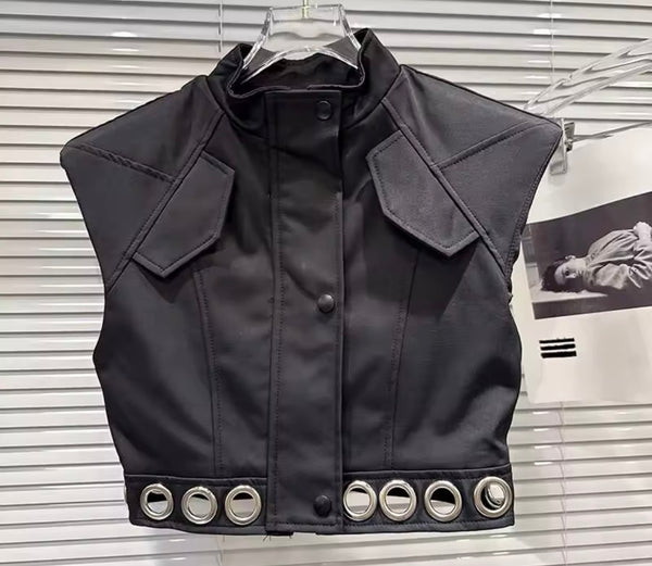 Women Fashion Zipper Button Up Metal Ring Vest Jacket