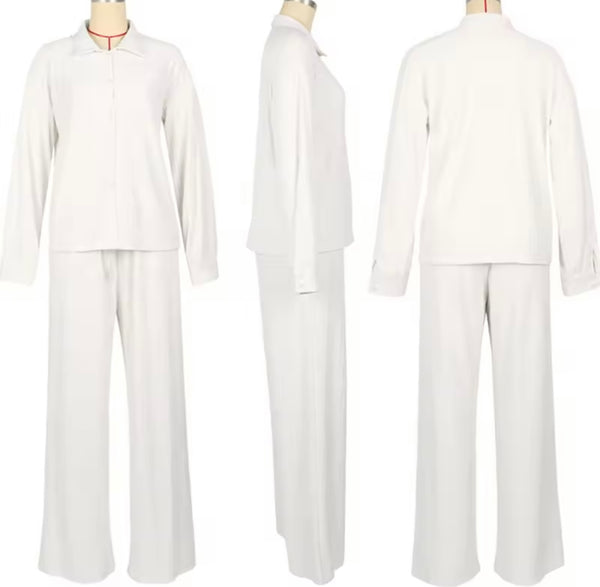 Women Button Up Ribbed Full Sleeve Two Piece Pant Set