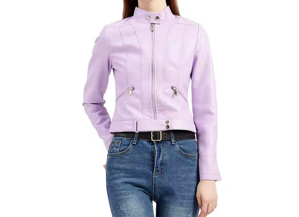 Women Color Zip Up Faux Leather Jacket